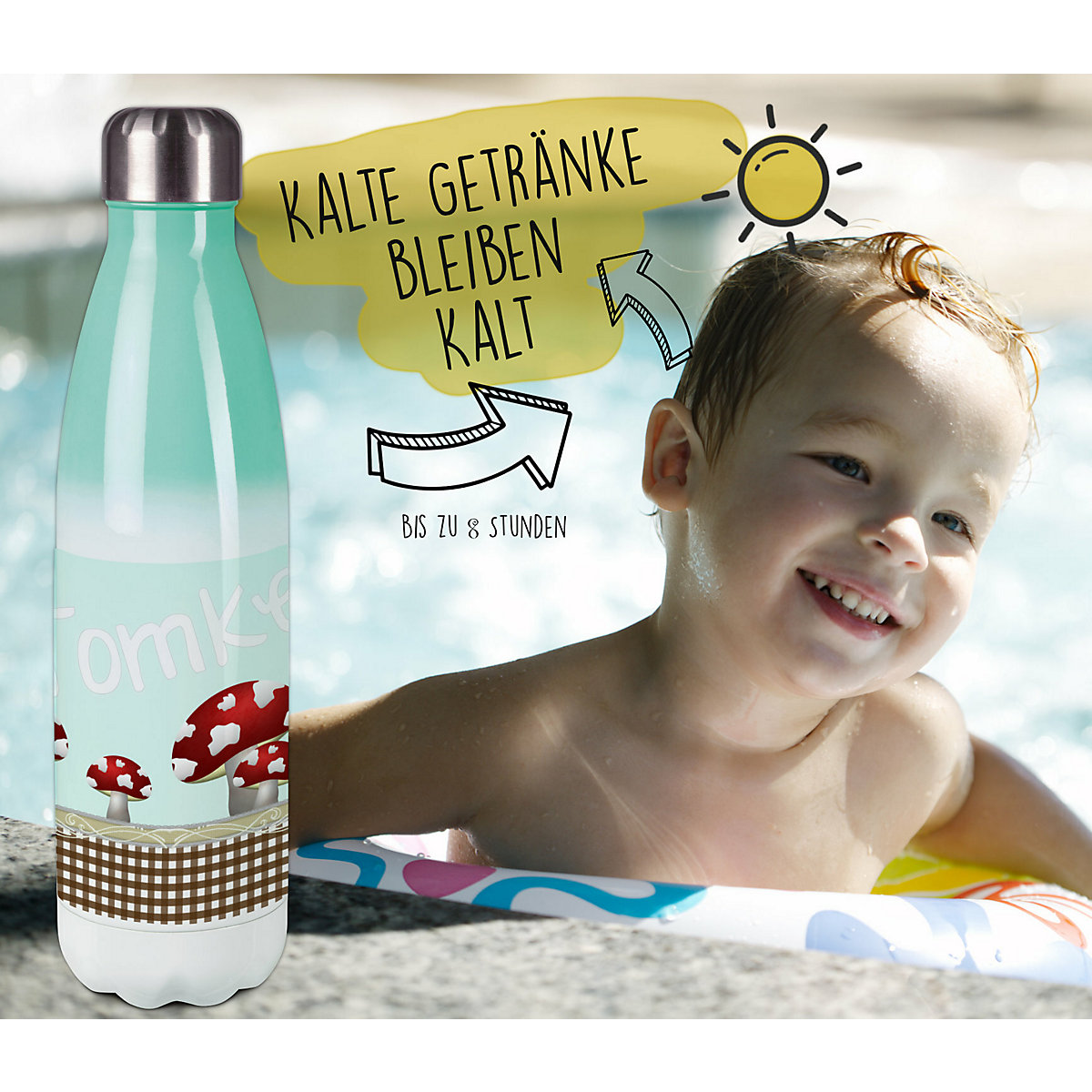 Edelstahl Kinder Thermoflasche / Trinkflasche bunt Pilz Farbe hellblau Spülmaschinenfest, Auslaufsicher, Bruchfest, Doppelwandig, Für Heißgetränke geeignet, Mit Deckel, Isoliert