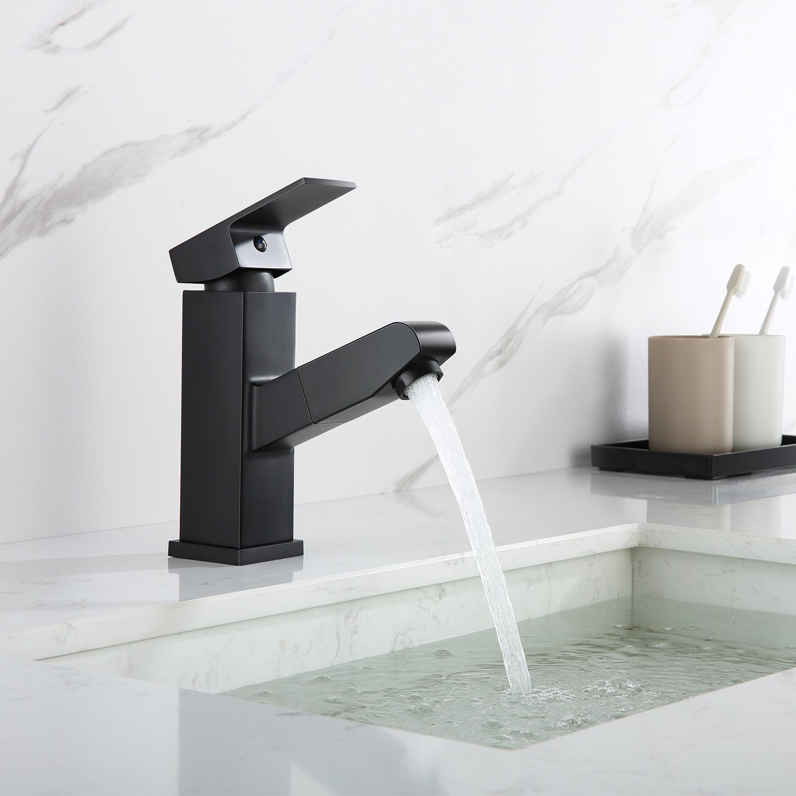 Auralum Waschtischarmatur Badarmatur Waschbecken Wasserhahn mit Ausziehbar Brause Schwarz