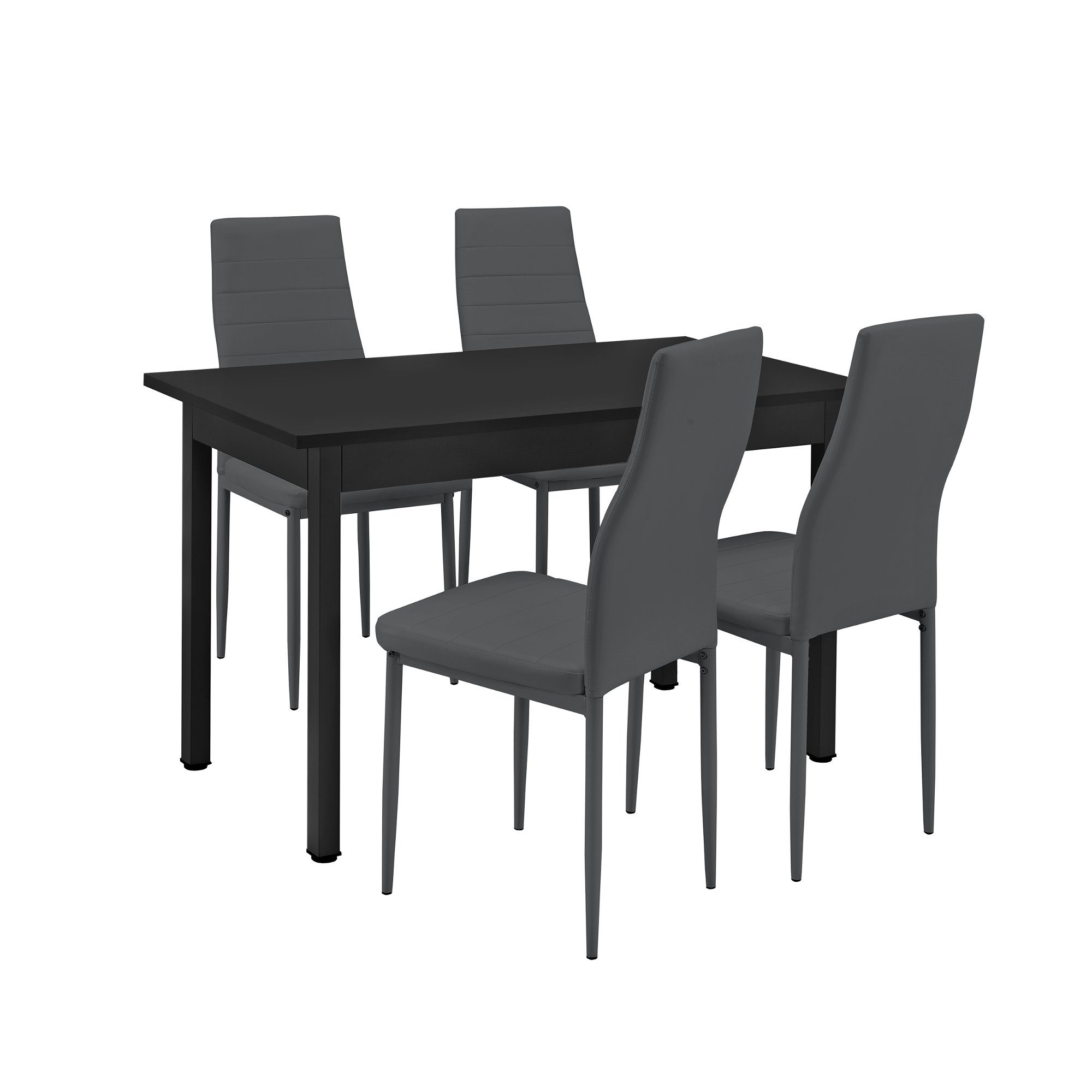 en.casa Essgruppe, (Set, 5-tlg), Jørpeland Esstisch 120x60 cm 4x Esszimmerstuhl Kunstleder Dunkelgrau