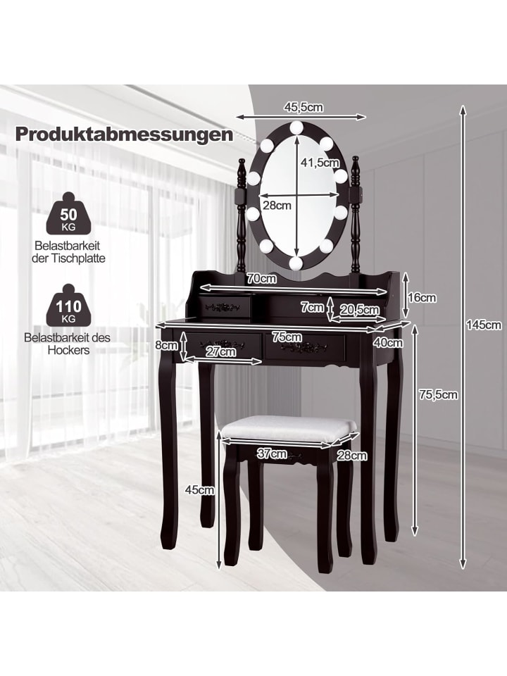 COSTWAY Schminktisch Set mit LED in Schwarz günstig kaufen onesize
