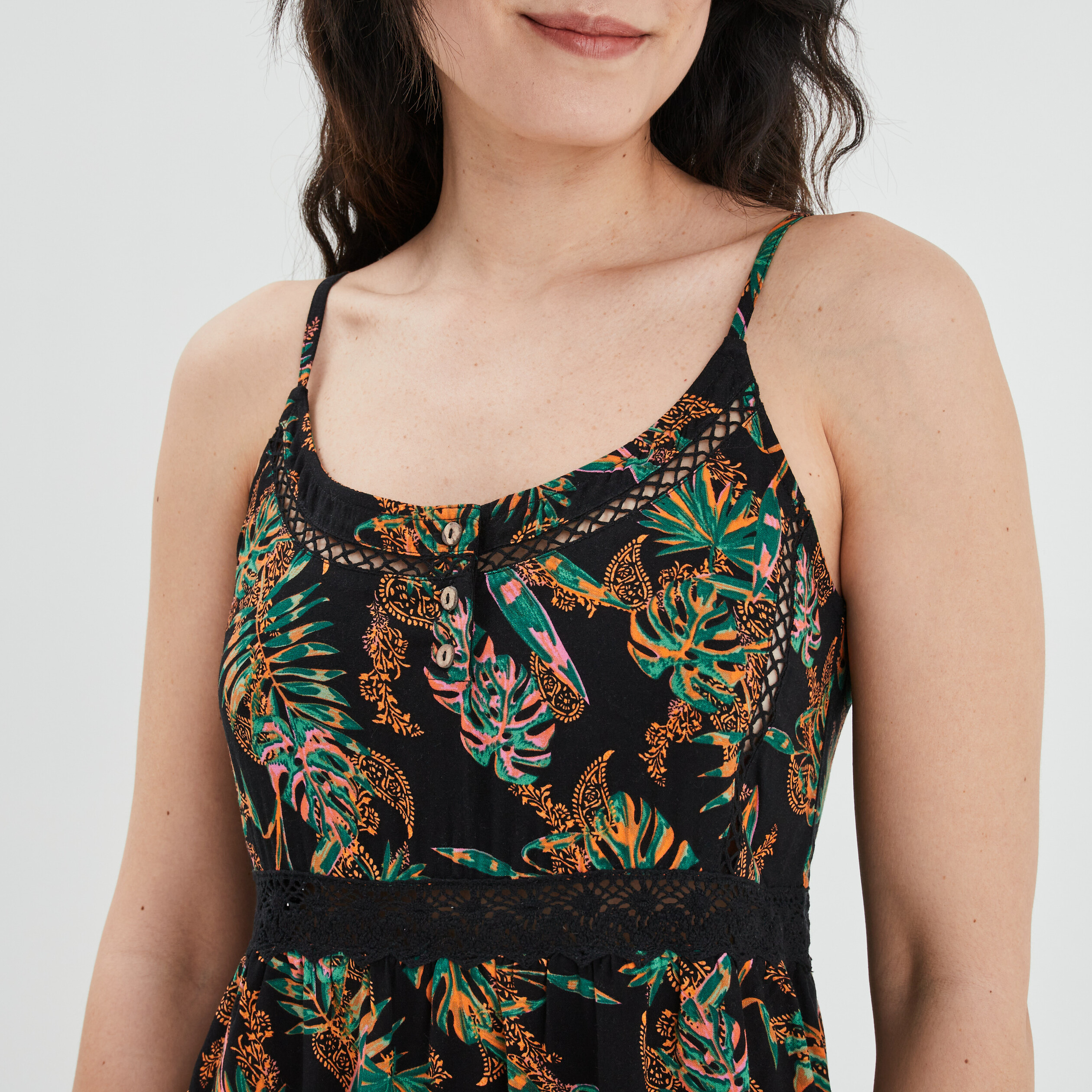 Robe longue droite fluide volantée noir femme | La Halle