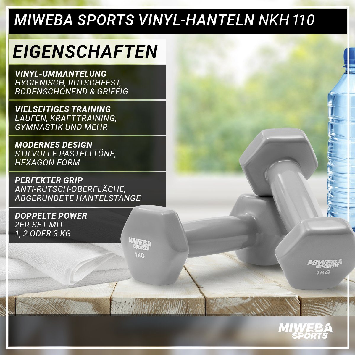 Miweba Sports Hantel-Set Gymnastikhanteln NKH110 - Vinyl, (rutschfest - bodenschonend - Fitness - Sport - Muskelaufbau - Pilates - Workout - Training - Krafttraining, 1 kg - 2 kg - 3 kg, 3 Farben, Hexagon-Form, Vinyl, 2er-Set), Kurzhantel Aerobic Han