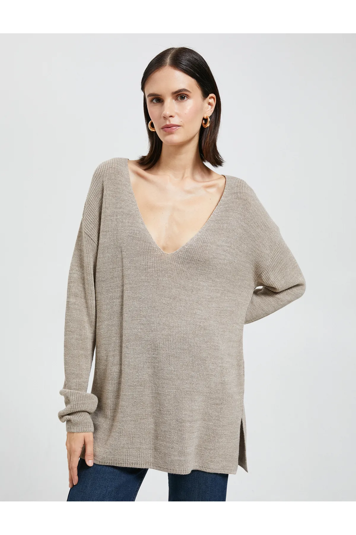 Koton  Pullover mit V-Ausschnitt, Oversize-Langarm, Kaschmir-Struktur