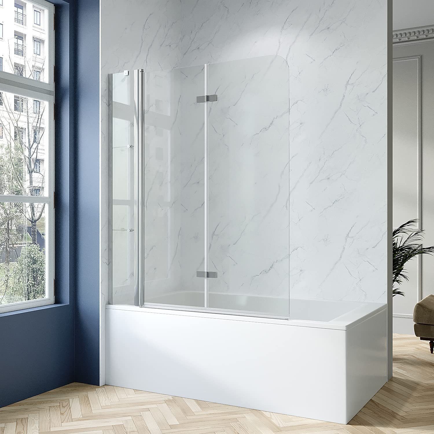 AQUABATOS Badewannenaufsatz Badewannenaufsatz Duschwand Duschabtrennung faltbar mit Duschablagen, 5 mm Einscheiben-Sicherheitsglas (ESG) mit Nanobeschichtung, Lotuseffekt, großer Verstellbereich, mit Acryl- Duschablage