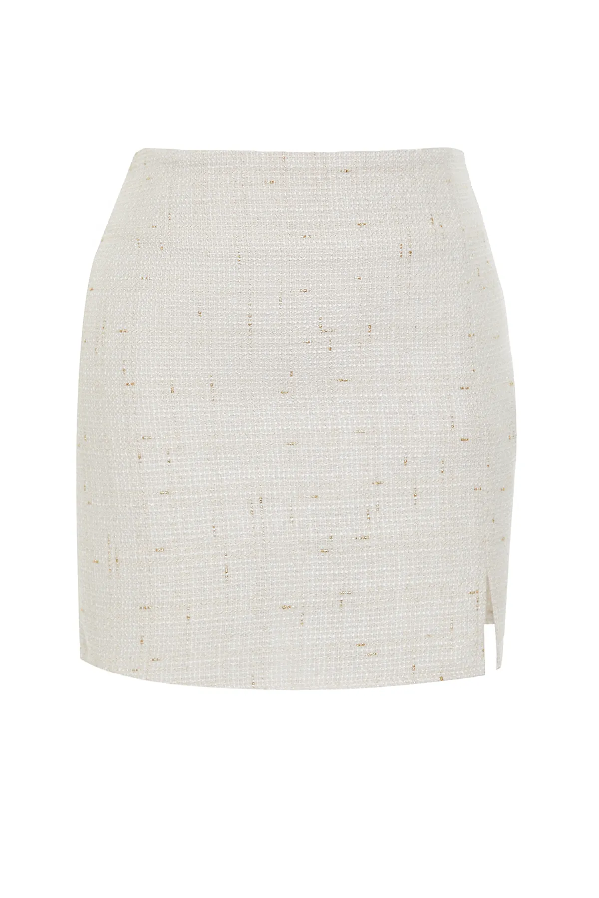 Trendyol Collection  Ecrufarbener, geschlitzter, detaillierter Mini-Webrock aus Tweed-Stoff TWOAW24ET00350