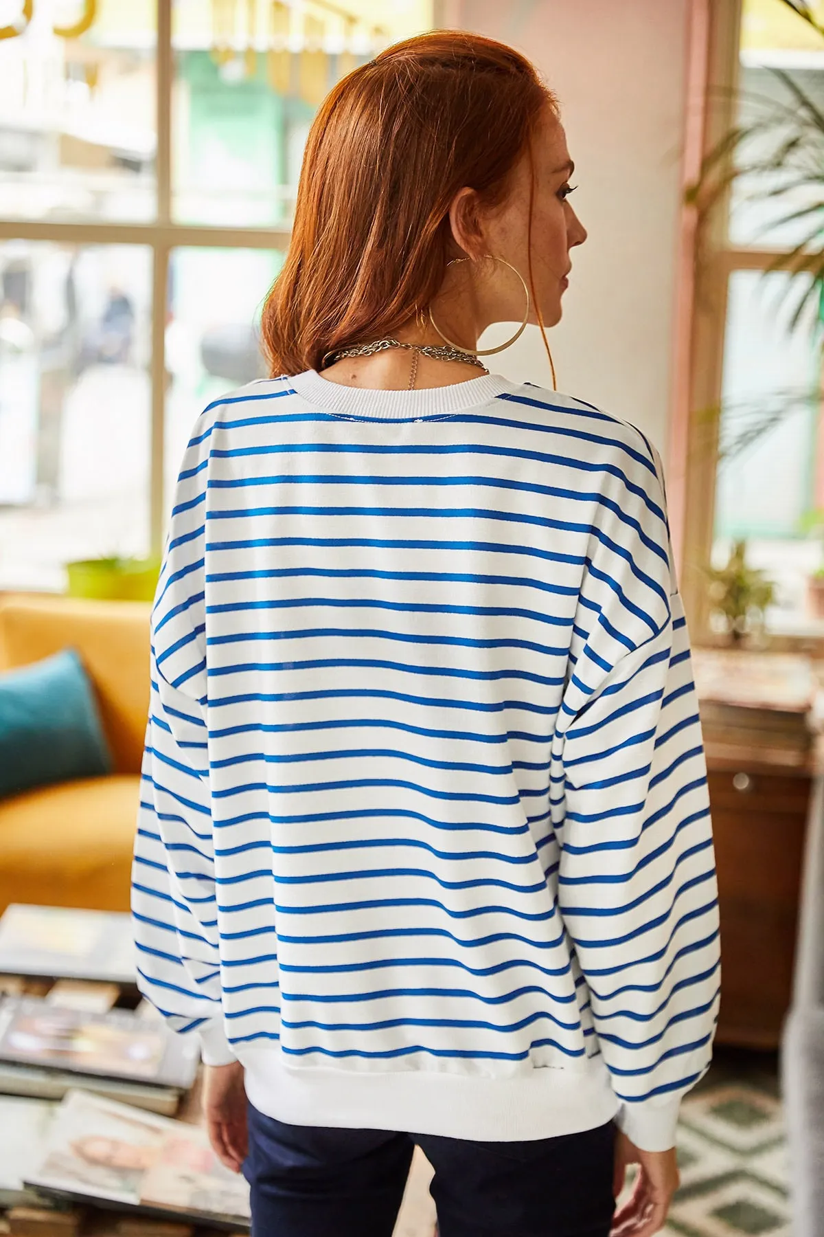 Olalook  Damen-Sweatshirt, weiß, indigoblau, gestreift, Basic, weich, strukturiert, lockeres Sweatshirt SWT-19000457