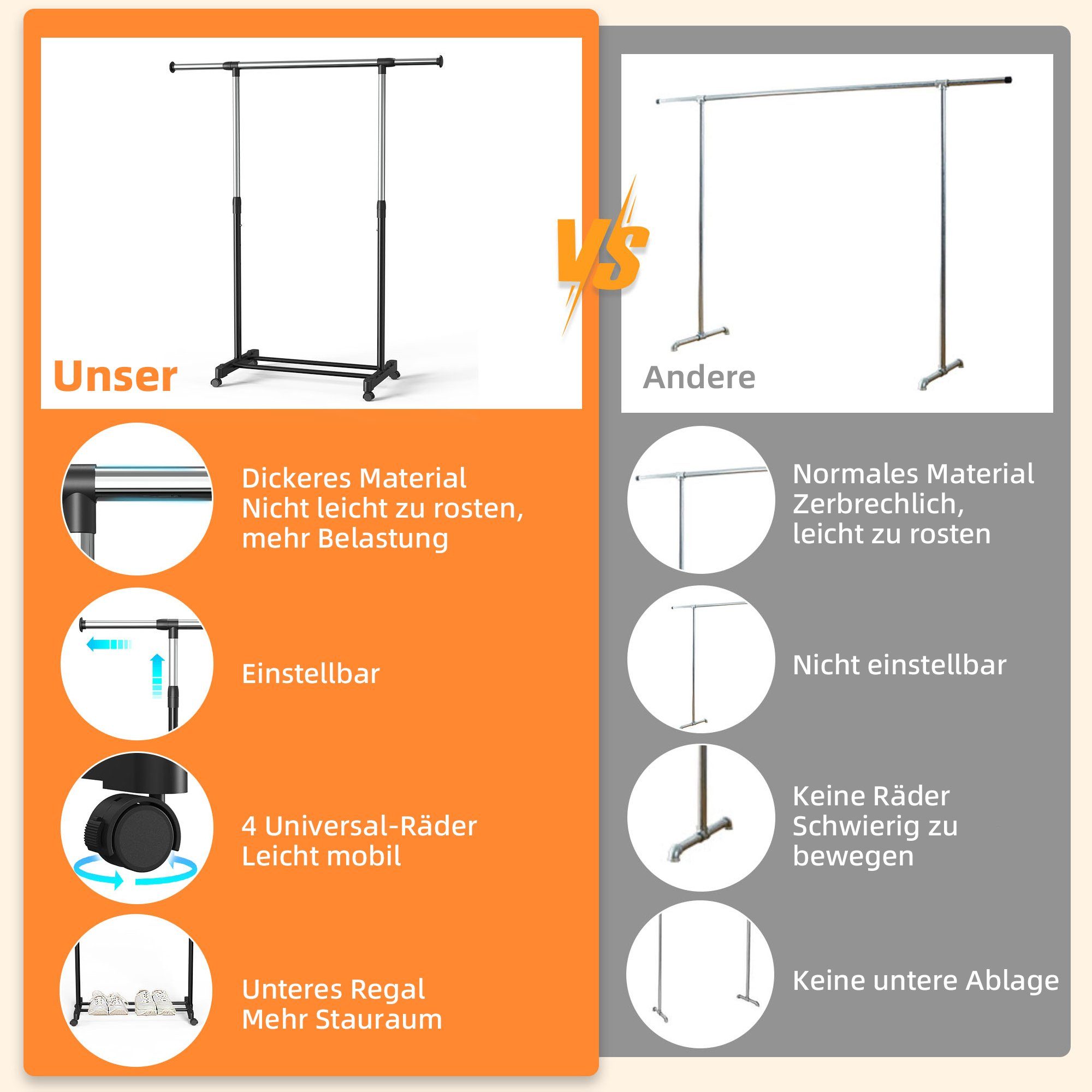 NEFOSO Garderobenständer Bodenstehender mit rollen, schlafzimmer garderoben, 30 kg belastbar, ausziehbar(90-149cm)& Höhenverstellbar, kleiderständer Metall, schwarz