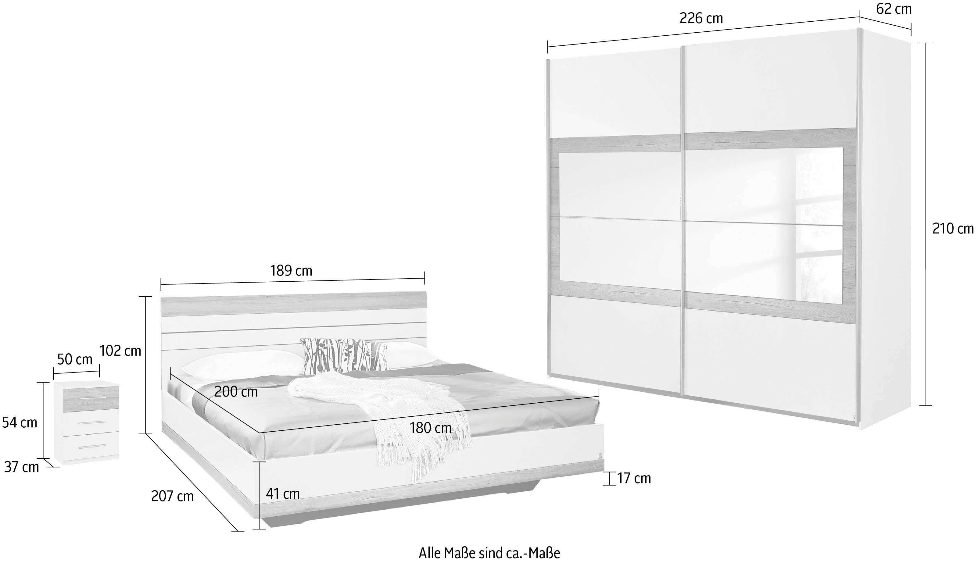rauch Schlafzimmer-Set Tarragona, (Set, 4-St), Schwebetürenschrank in 3 Breiten, Bett in 2 Größen und 2 Nachttische