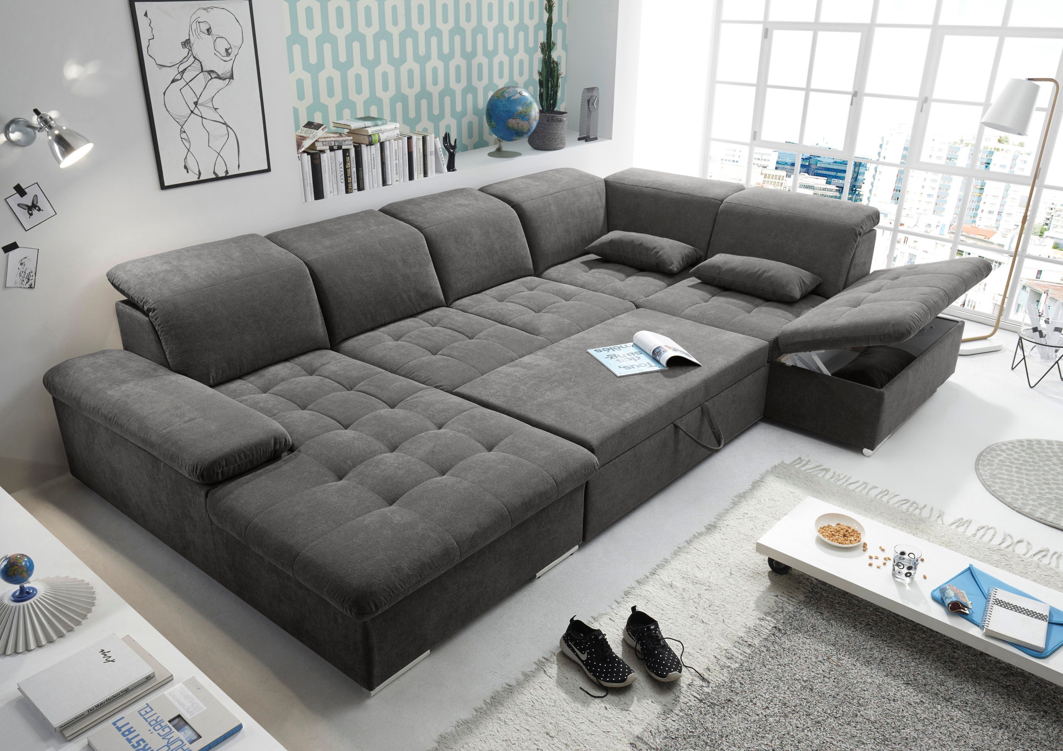 ED EXCITING DESIGN Wohnlandschaft Wayne, mit Bettfunktion, Bettkasten, Nierenkissen, frei im Raum stellbar etc.