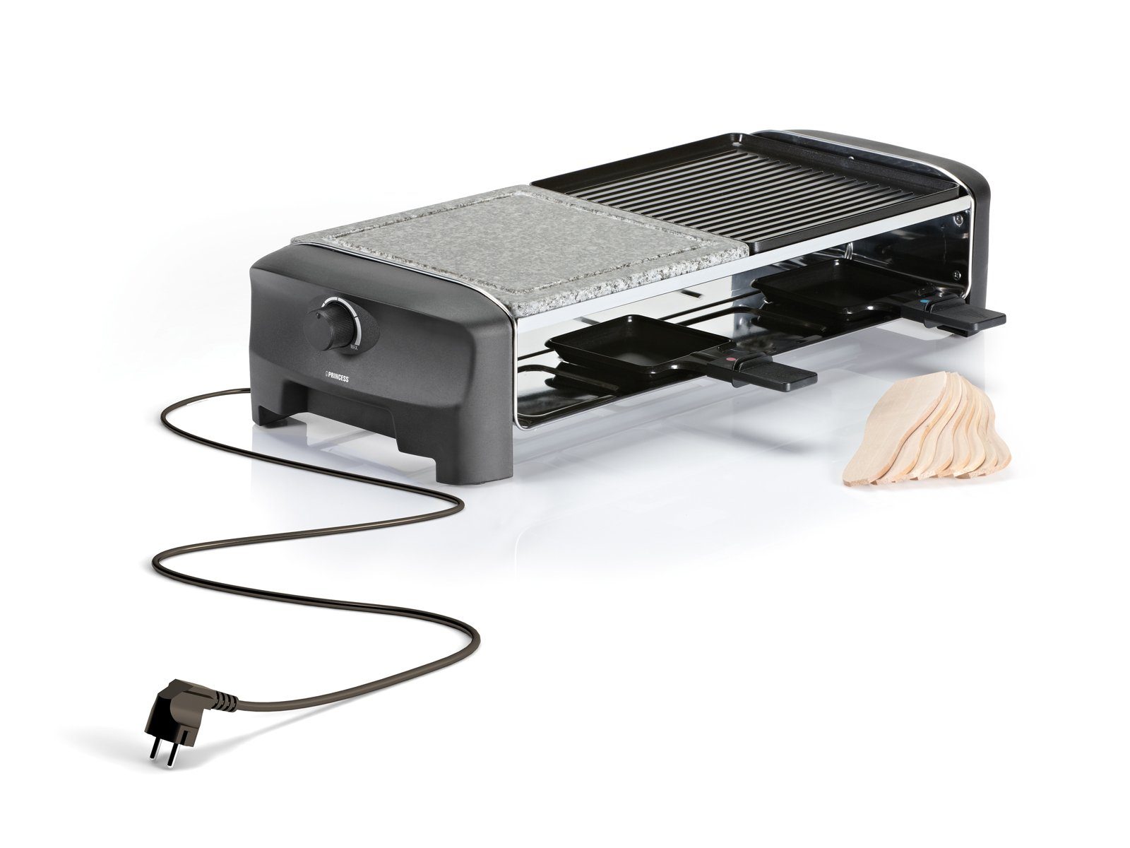 Setpoint Raclette, 8 Raclettepfännchen, 1400 W, großes Gerät 2-8 Personen Tisch-Grill Stein & wendbare Griddle Platte