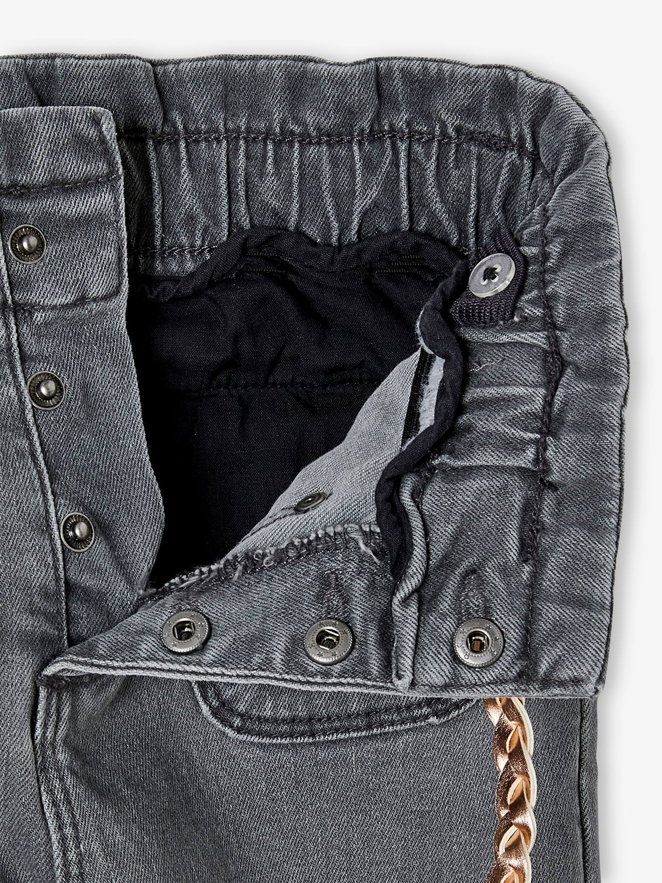 Jean style paperbag fille et sa ceinture tressée gris