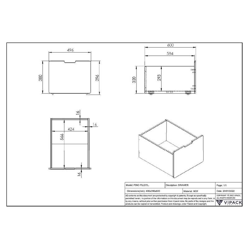 3 tiroirs de rangement pour lit Pino Vipack