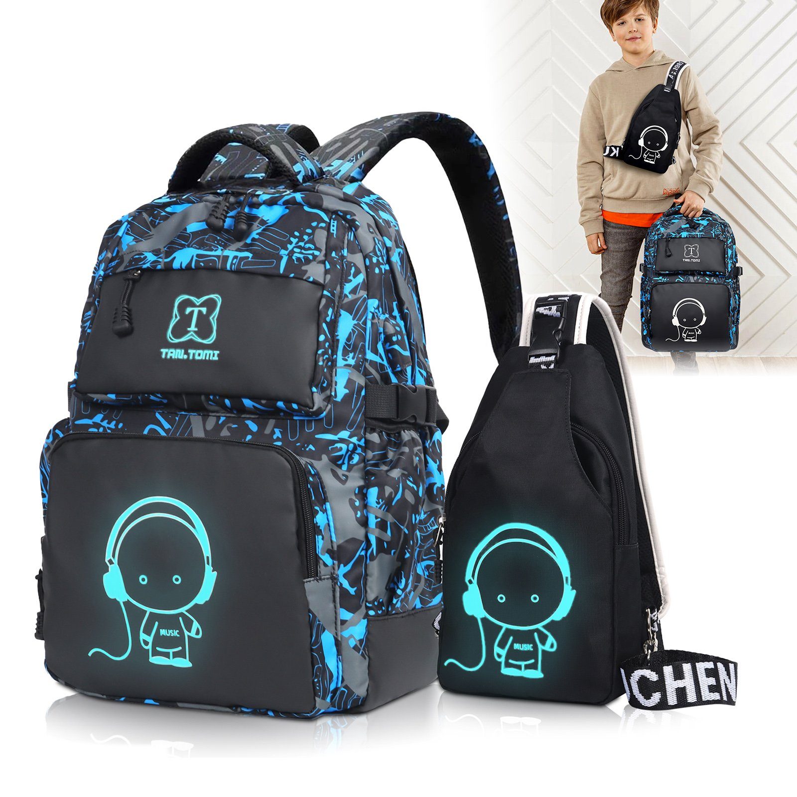 TAN.TOMI Schulrucksack Rucksack Jungen Schulrucksack Mädchen Teenager Jugendliche Daypacks, Kinder Reflektierender Schultasche Outdoor Camping Groß Schulranzen