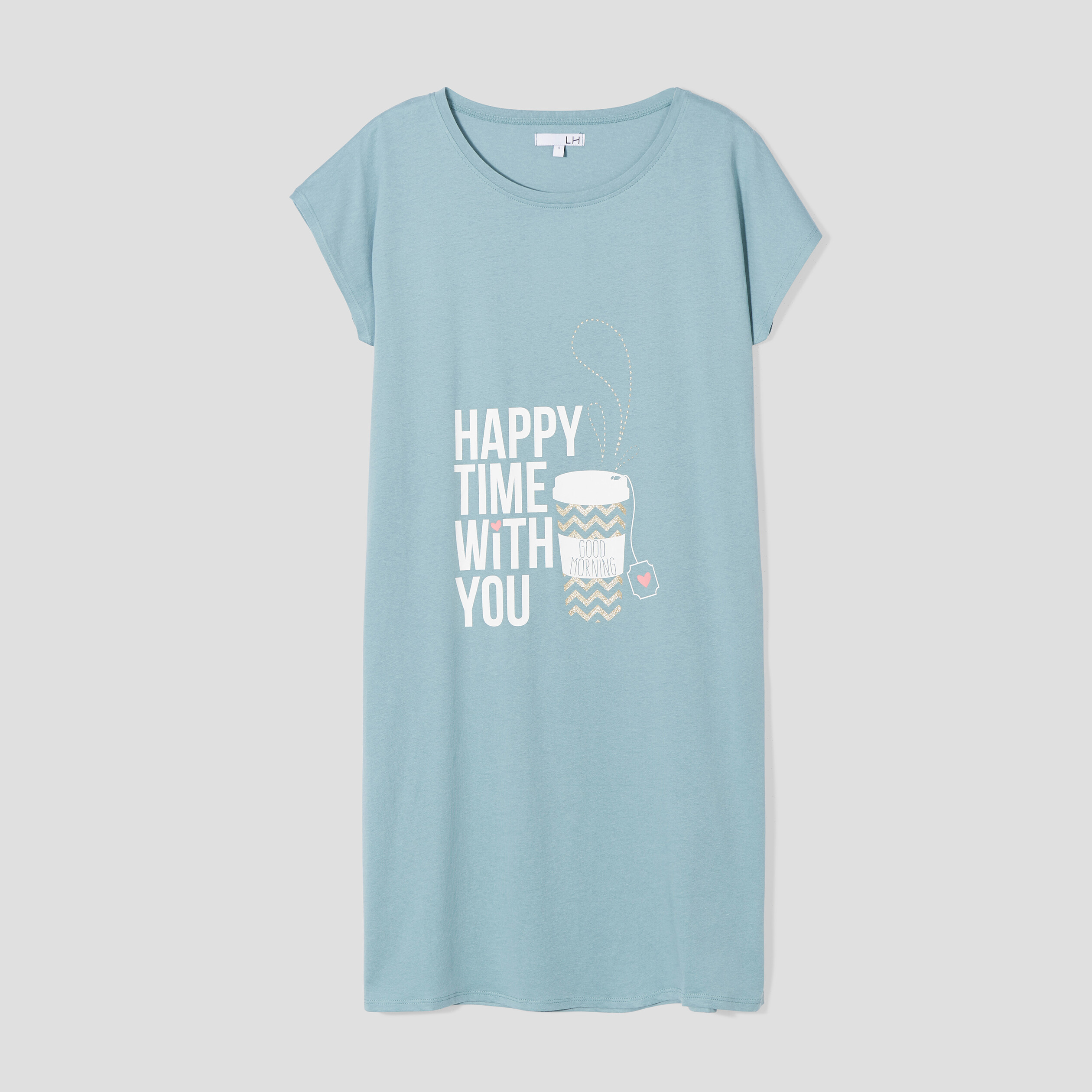 Chemise de nuit manches courtes coton bleu gris femme | La Halle