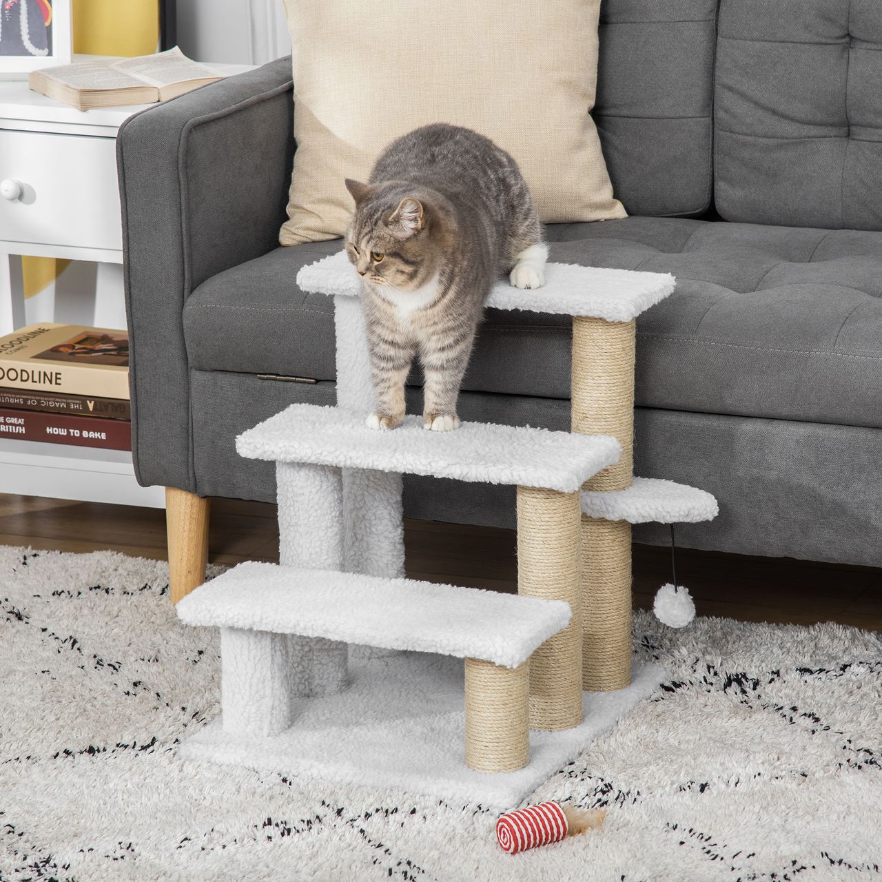 PawHut Haustiertreppe mit Kratzbaum Ball 3-stufige Katzentreppe Hundetreppe Tiertreppe Spanplatte Plüsch Jute Weiß 45 x 40 x 48 cm