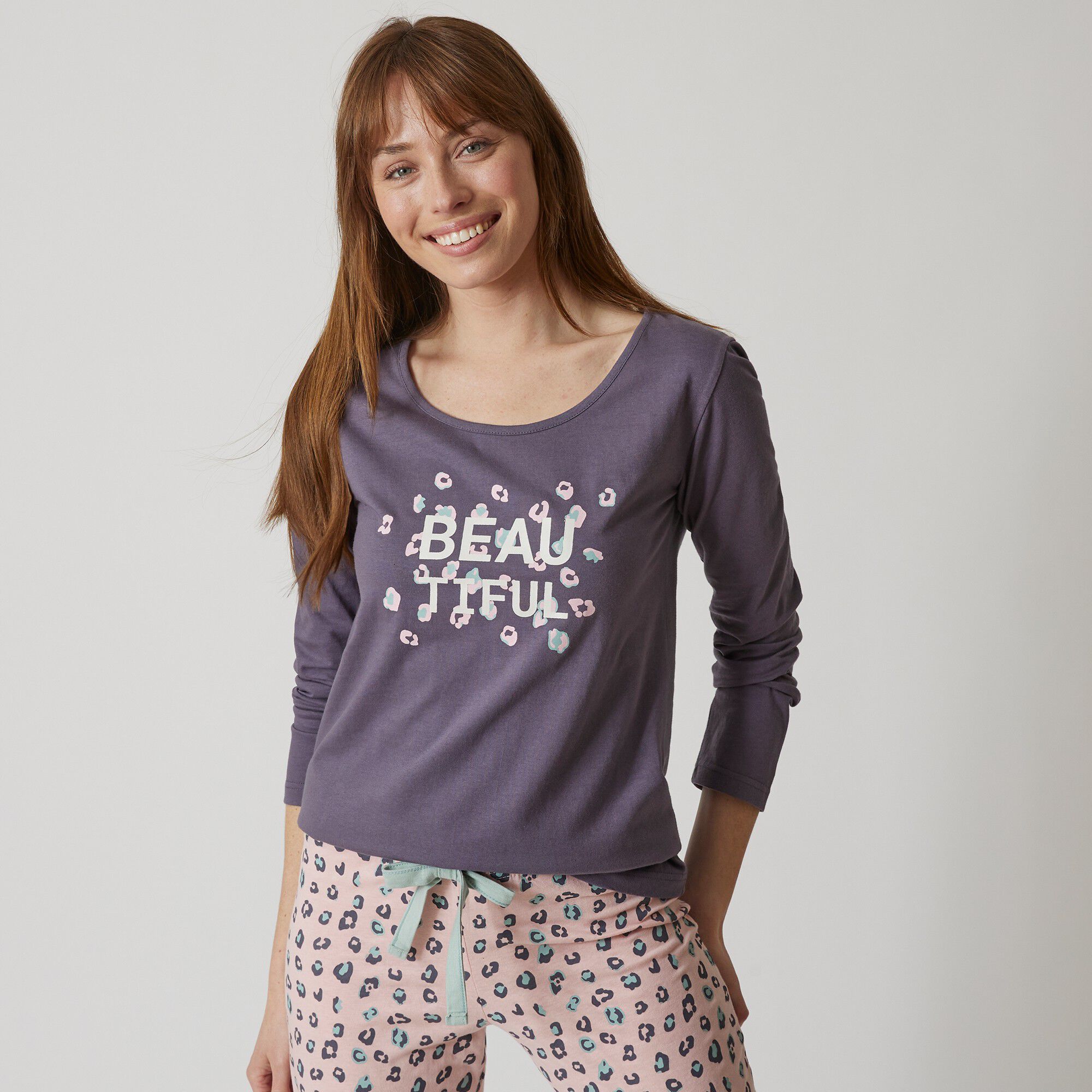 Tee-shirt manches longues coton uni imprimé placé 