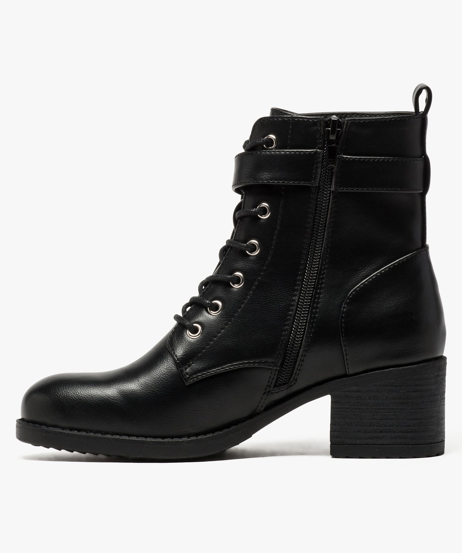 Bottines femme à talon fermeture lacets et bride à boucle noir | GEMO