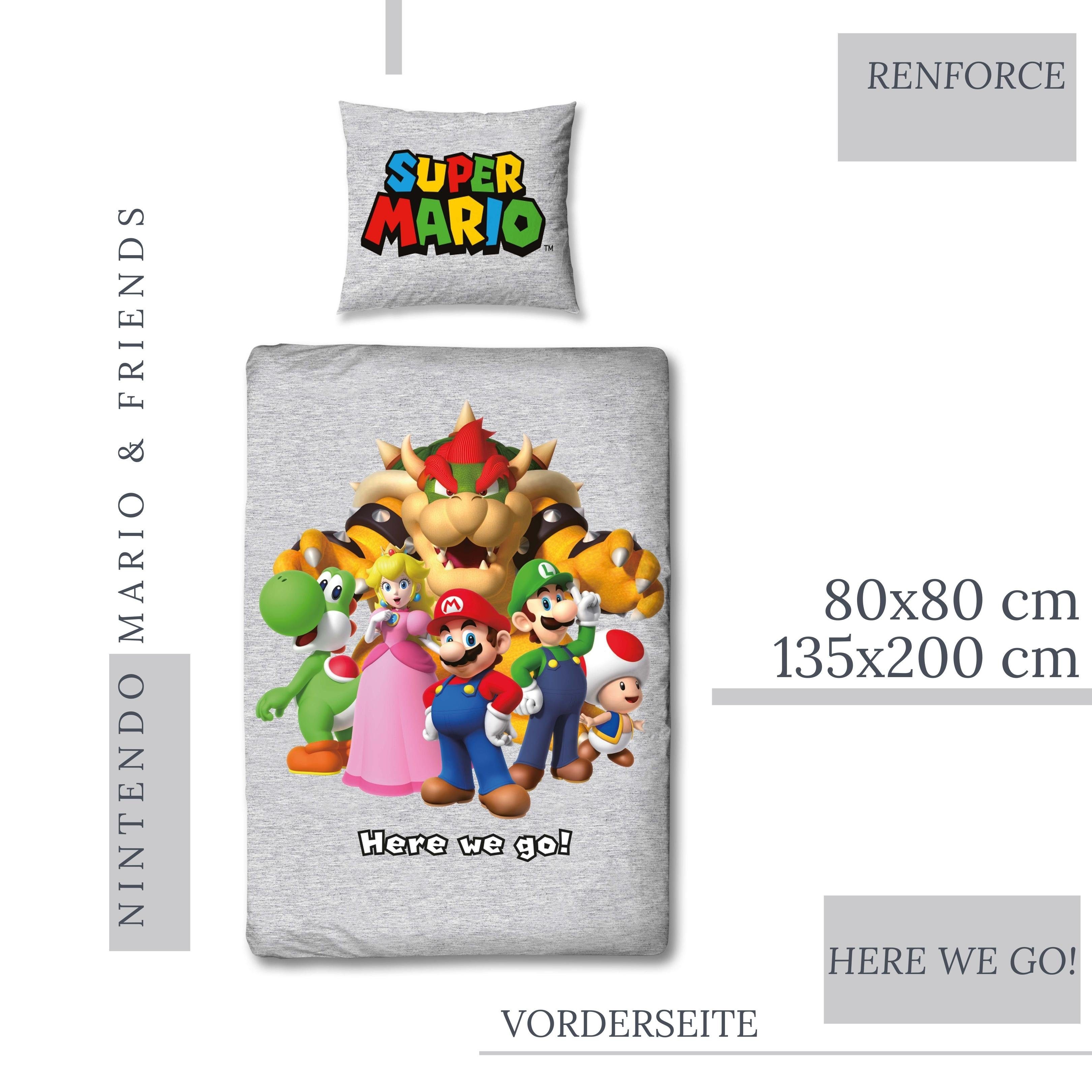 Bettwäsche Super Mario 135x200 + 80x80 cm, 100 % Baumwolle, MTOnlinehandel, Renforcé, 2 teilig, offiziell lizenzierte Nintendo Bettwäsche für Kinder & Teenager