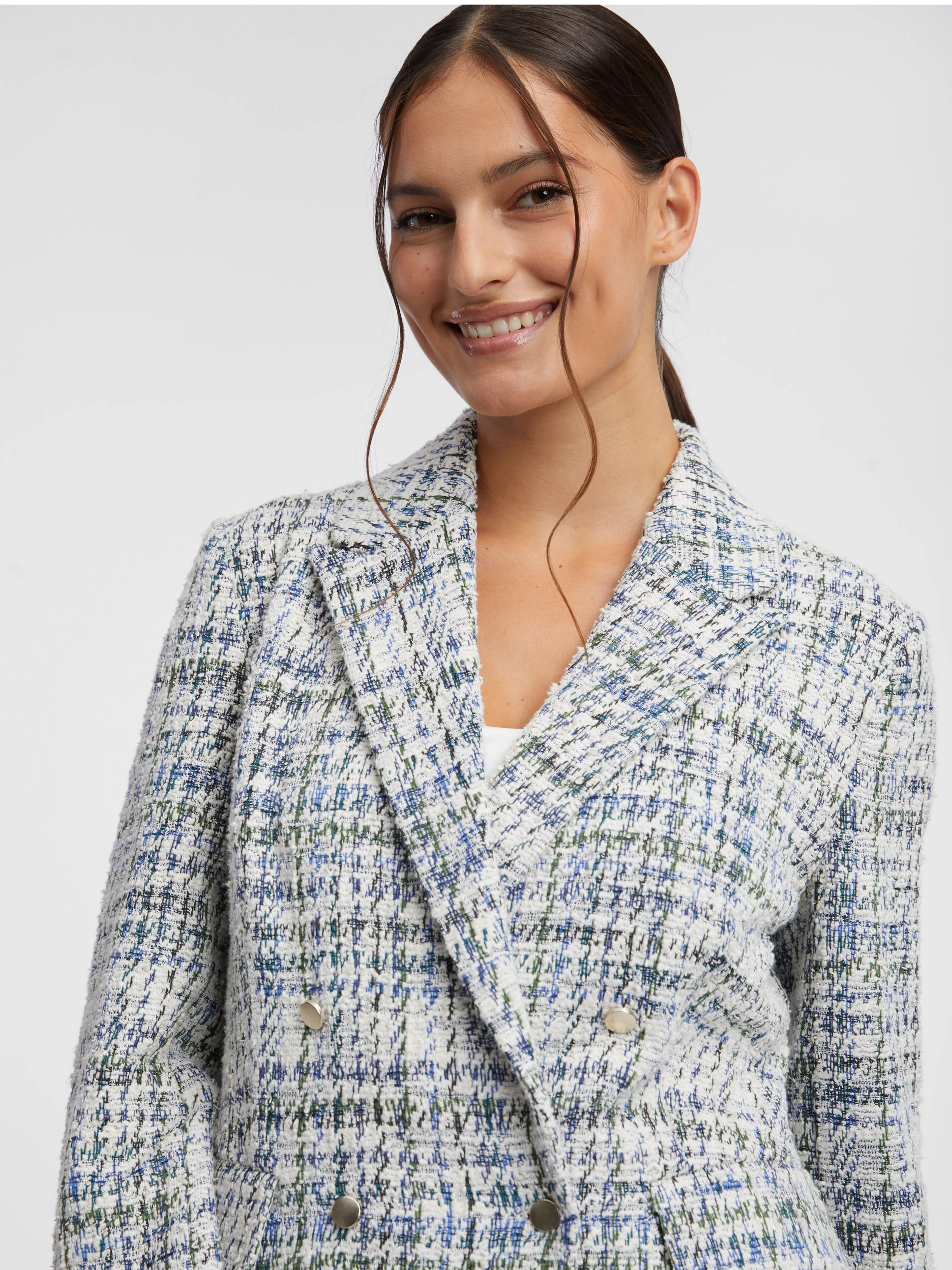 Blaue und cremefarbene zweireihige Tweed-Jacke Damen ORSAY