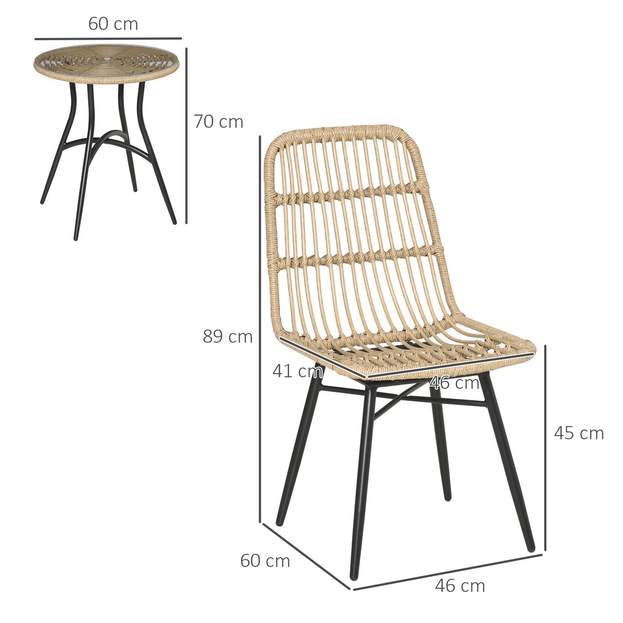 Outsunny 5-tlg. Polyrattan Gartenmöbel Set Essgruppe Esstisch mit 4 Stühlen Gartensitzgruppe mit Beistelltisch Gartenset Outdoor Metall Natur