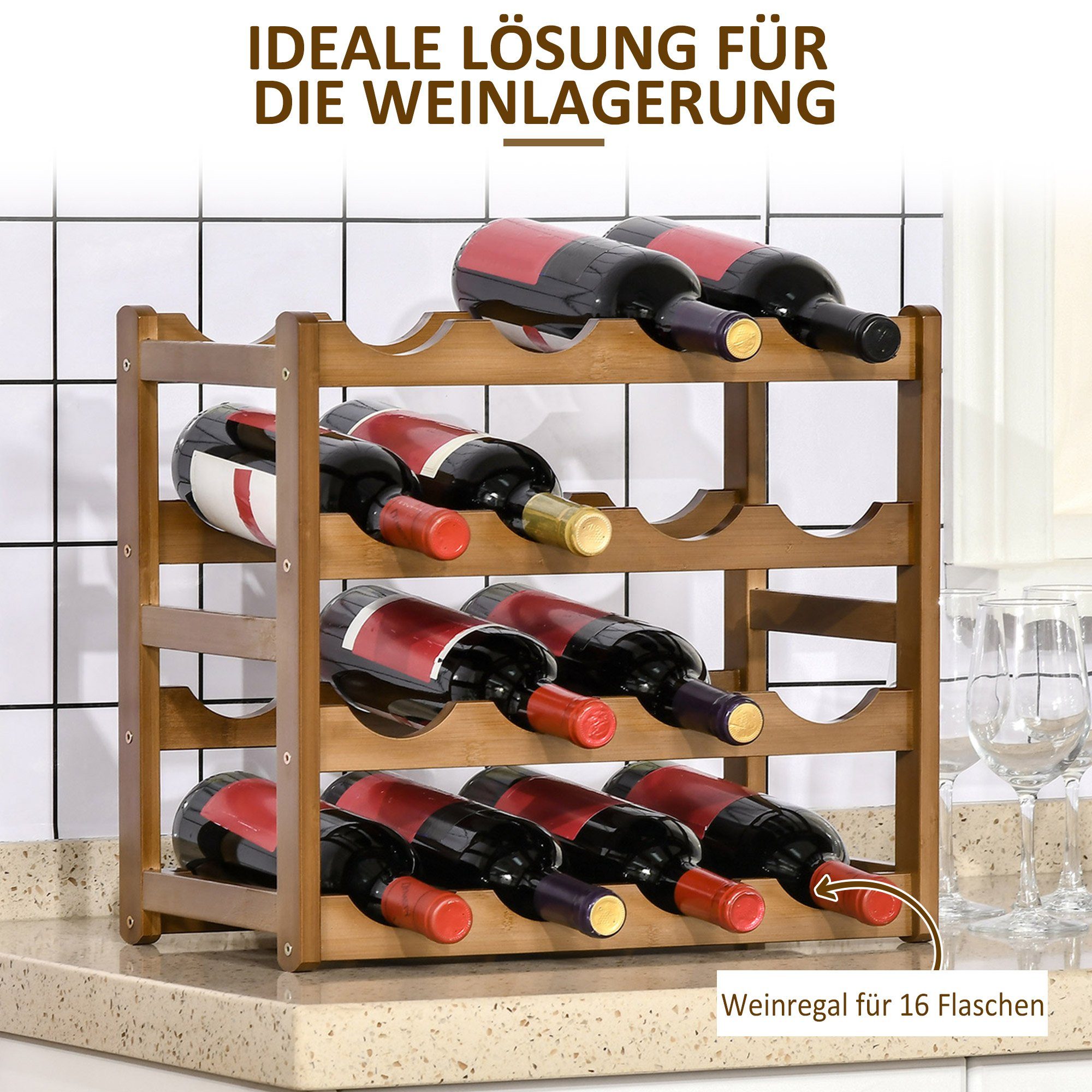 HOMCOM Weinregal Flaschenregal mit natürlichen Stil, Standregal,aus Bambus, Wasserfest, Weinhalter 1-tlg., mit 4 Regalen