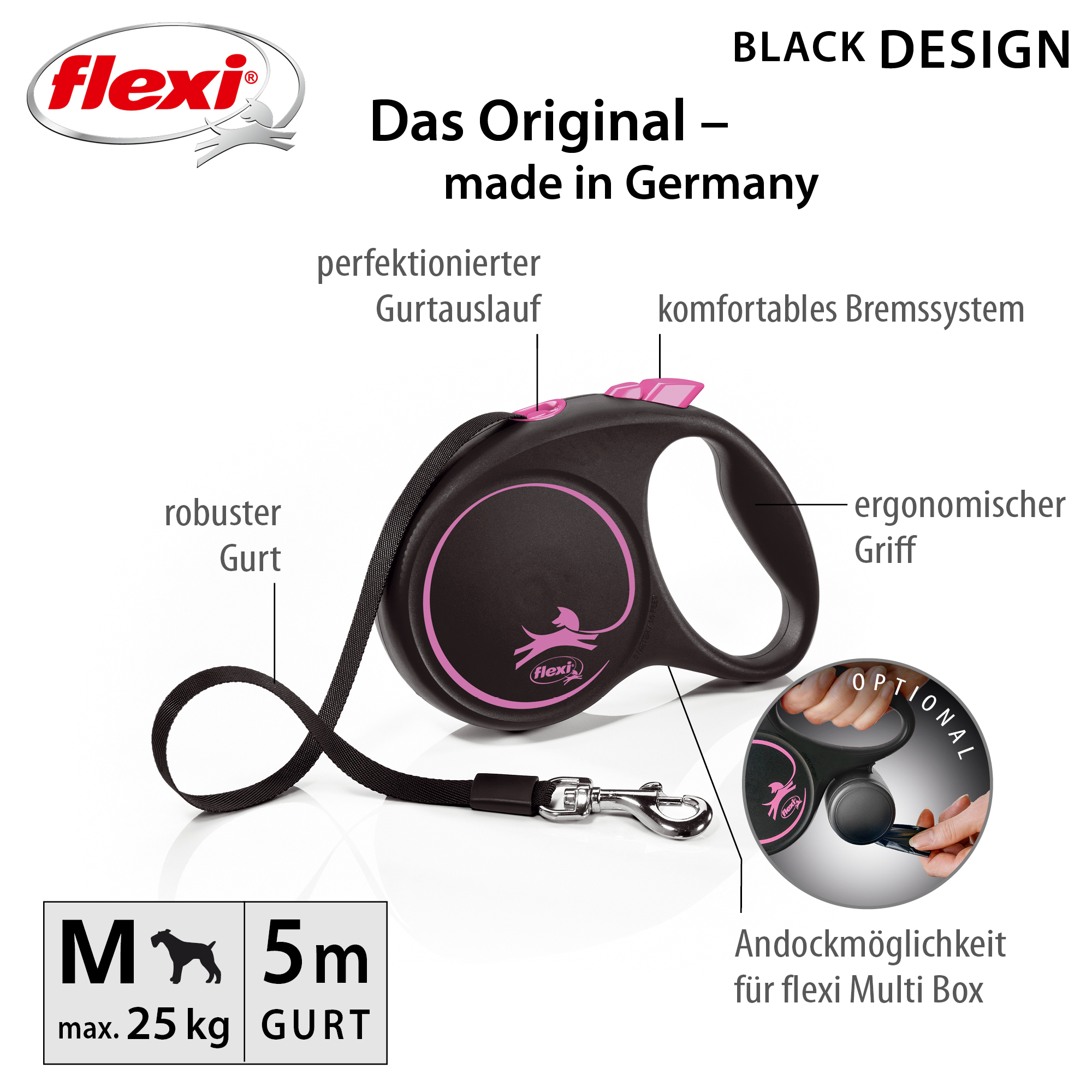 Flexi Hundeleinen Flexi Black Design Gurt pink M, 5 m, 25 kg