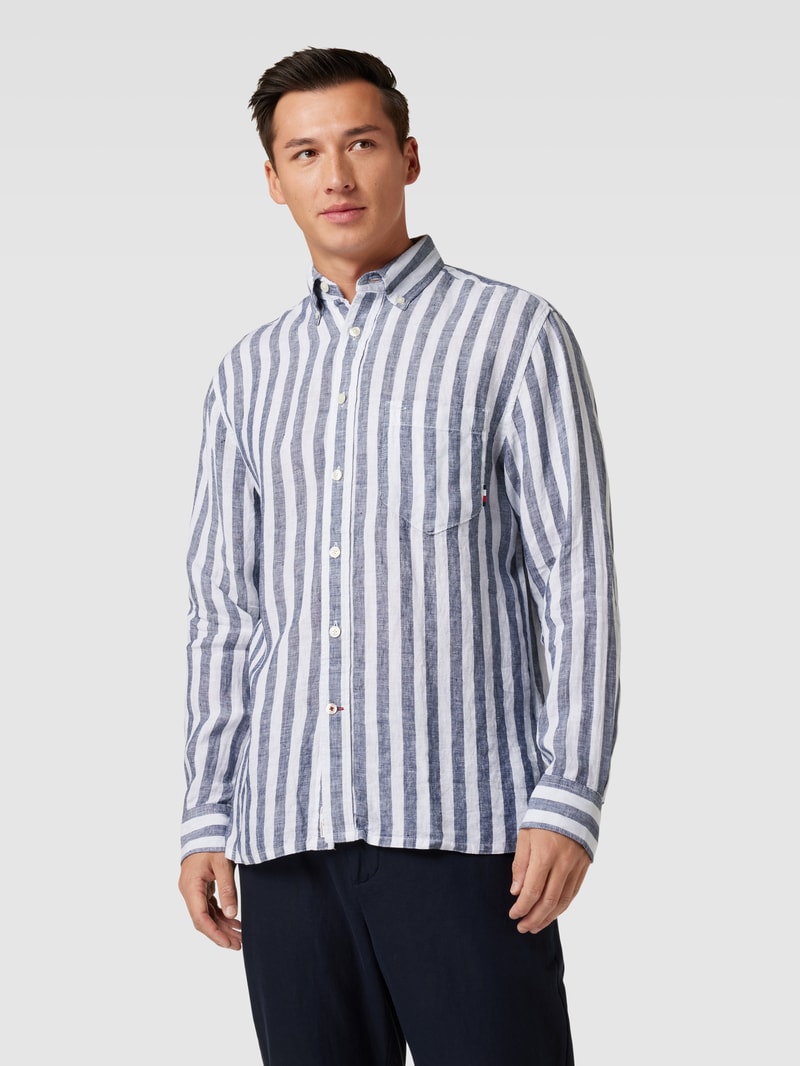 Freizeithemd aus Leinen mit Brusttasche Modell 'BRETON' in marineblau