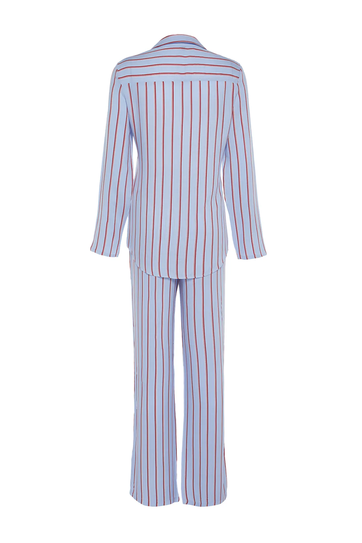 Trendyol Collection  Blau gestreiftes Pyjama-Set aus Viskose-Hemd und -Hose mit Schlitzdetail THMAW23PT00158