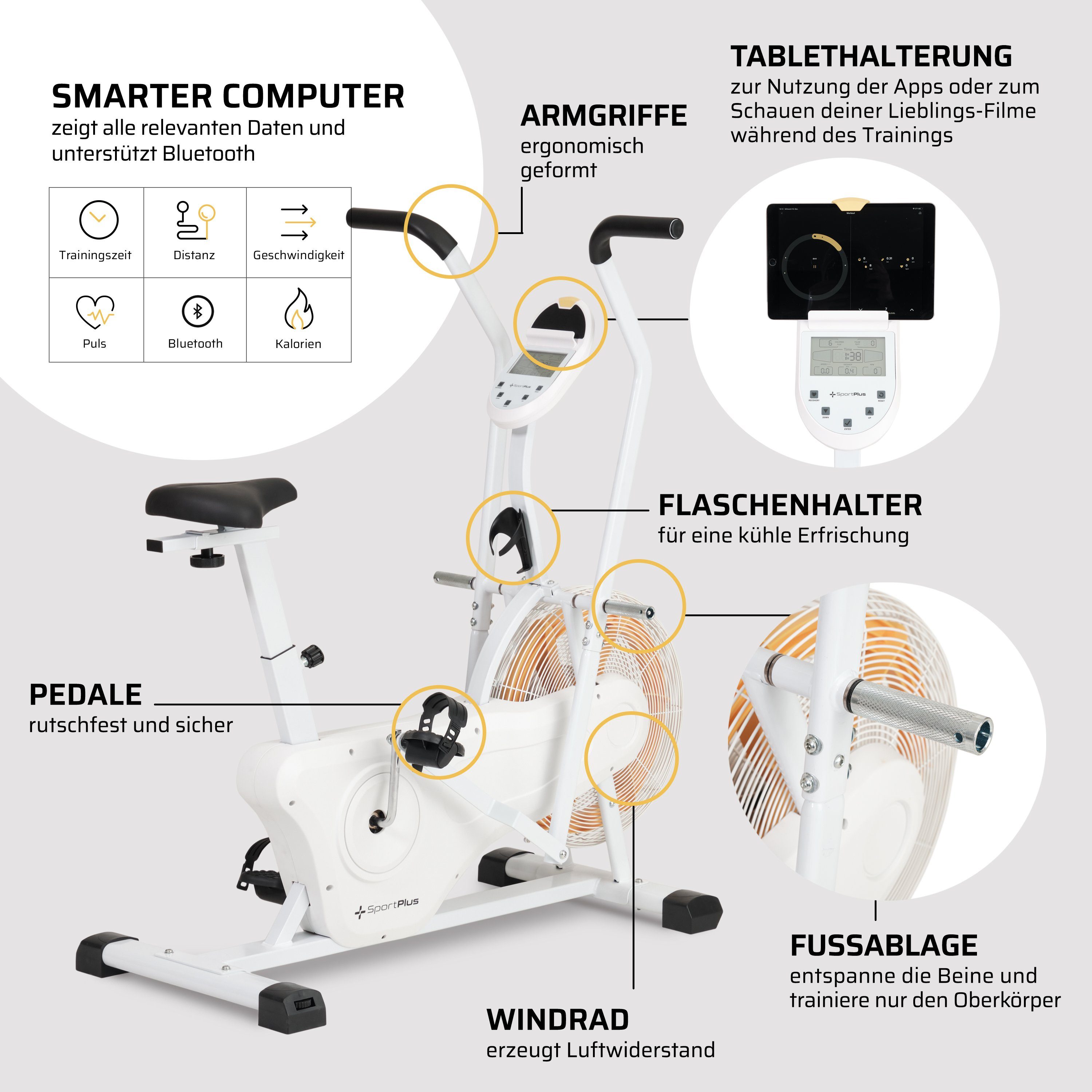 SportPlus Heimtrainer SP-FB-2100-W-iE, Profi Air Bike, Luftwiderstand, Heimtrainer für HIIT, SP-FB-2100-W-iE