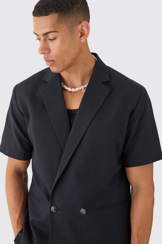 Zweireihiger Mix & Match kurzärmliger Blazer aus Leinenmischung