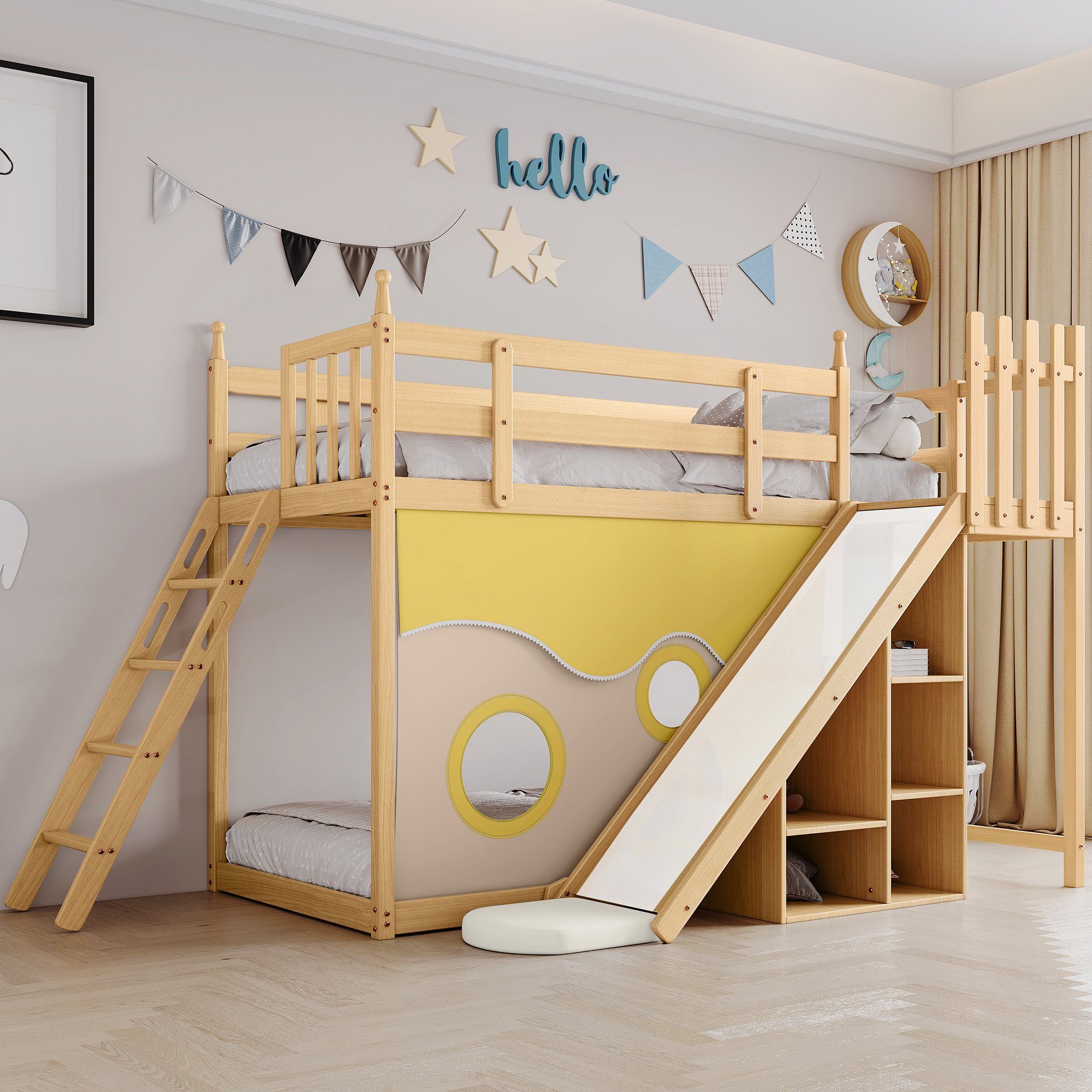 WISHDOR Holzbett Kinderbett, Etagenbett, Bett, Gästebetten, Hausbett 90x200cm (mit Fallschutz und Gitter, Rahmen aus Kiefer, mit Treppe und Zäune, mit Bettvorhang, Rutsche und Regal), Ohne Matratze