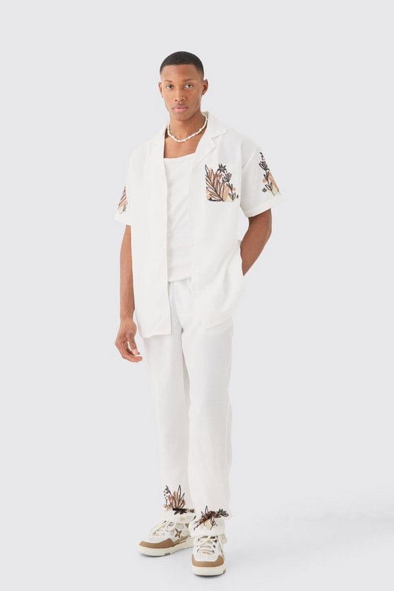 Leinen-Look Hemd mit floralem Saum & Hose