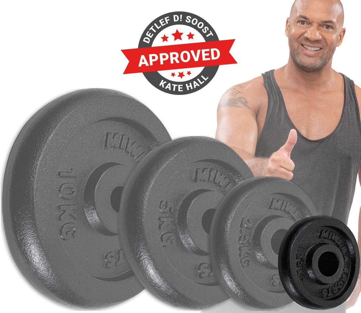 Miweba Sports Hantelscheibe Profi Gusseisen Hantelscheiben HSG - 1.25 - 10 kg, 5 kg, (4er-Set, Hantelscheibenset, Hantel Gewichte Set, Gewicht Scheiben, Muskelaufbau, Workout, Training, Ganzkörpertraining, 4-tlg., 4 x 1.25 kg, Ø 30mm, Gusseisen, 12.5