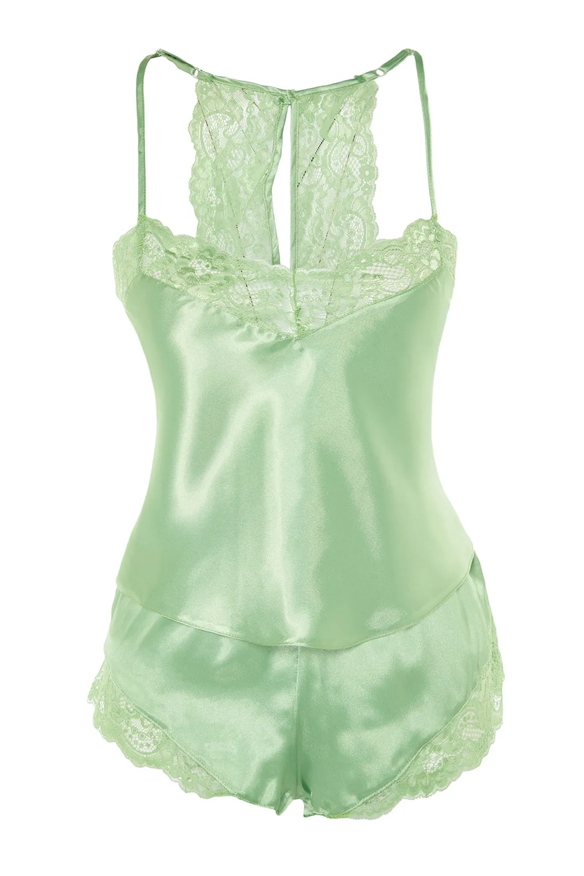 Trendyol Collection  Grünes Pyjama-Set aus gewebtem Satin mit Spitzendetails und Seilträgern THMSS22PT0269