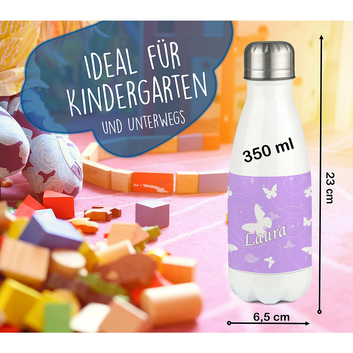 Edelstahl Kinder Thermoflasche / Trinkflasche bunt Schmetterling Ornamente Farbe flieder Spülmaschinenfest, Auslaufsicher, Bruchfest, Doppelwandig, Für Heißgetränke geeignet, Mit Deckel, Isoliert