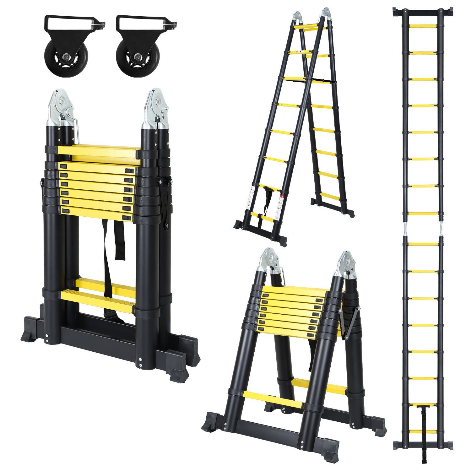 Gimisgu Teleskopleiter Teleskopleiter Alu 2.5+2.5m mit Stabilisator Rädern Anlegeleiter gelb