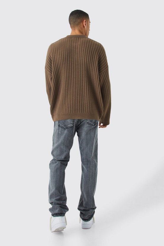 Geripptes Oversize Poloshirt mit V-Ausschnitt