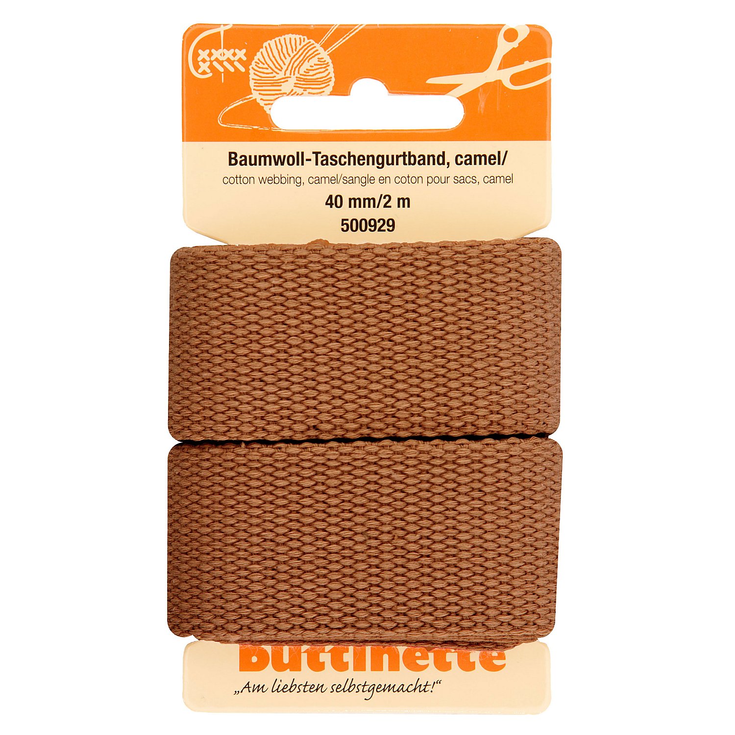 buttinette Baumwoll-Taschengurtband, camel, Breite: 4 cm, Länge: 2 m