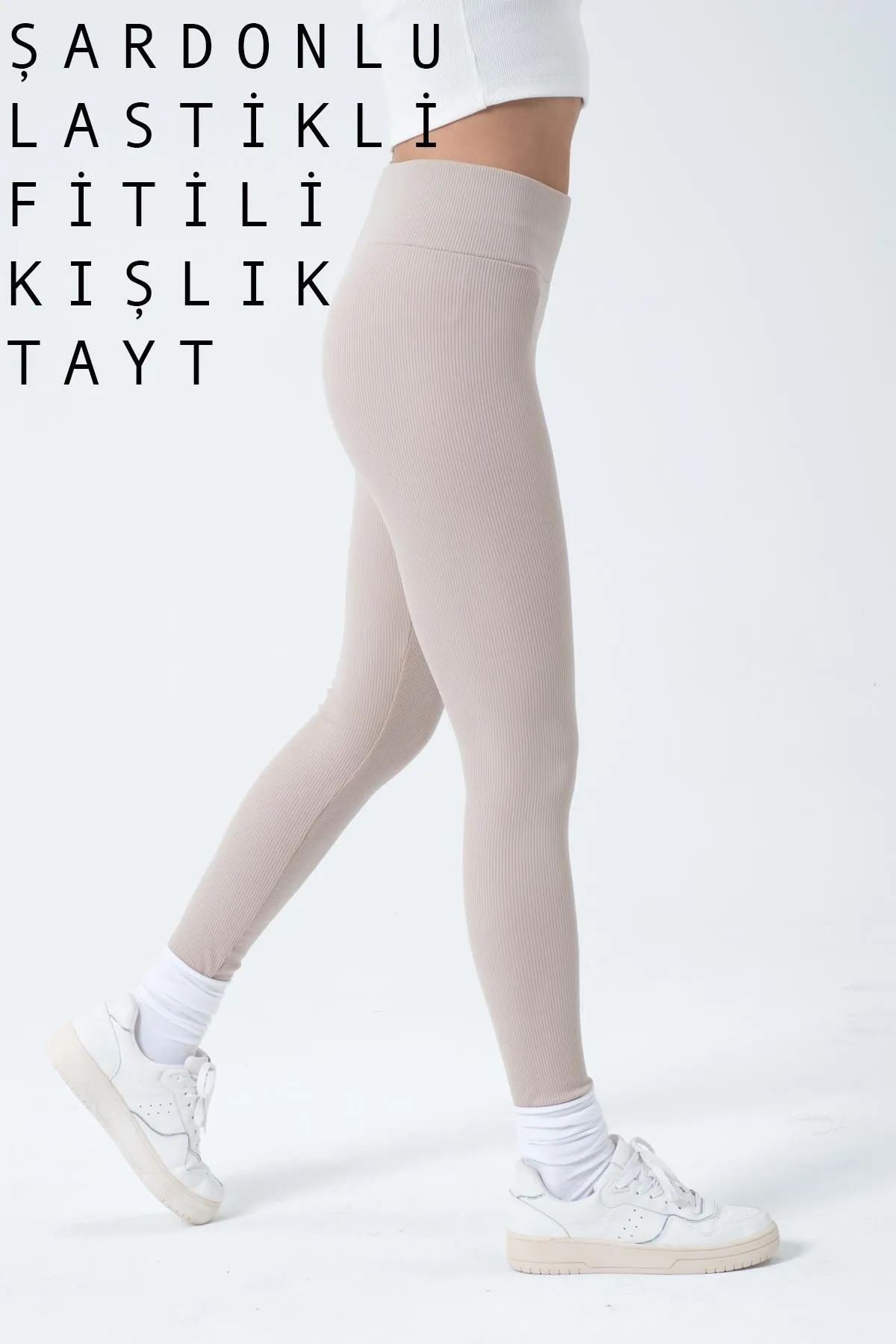 Domoda  Beige Fleece-Innenseite, elastisch, erhöht, gerippt, geraffte Interlock-Winterstrick-Leggings @verona