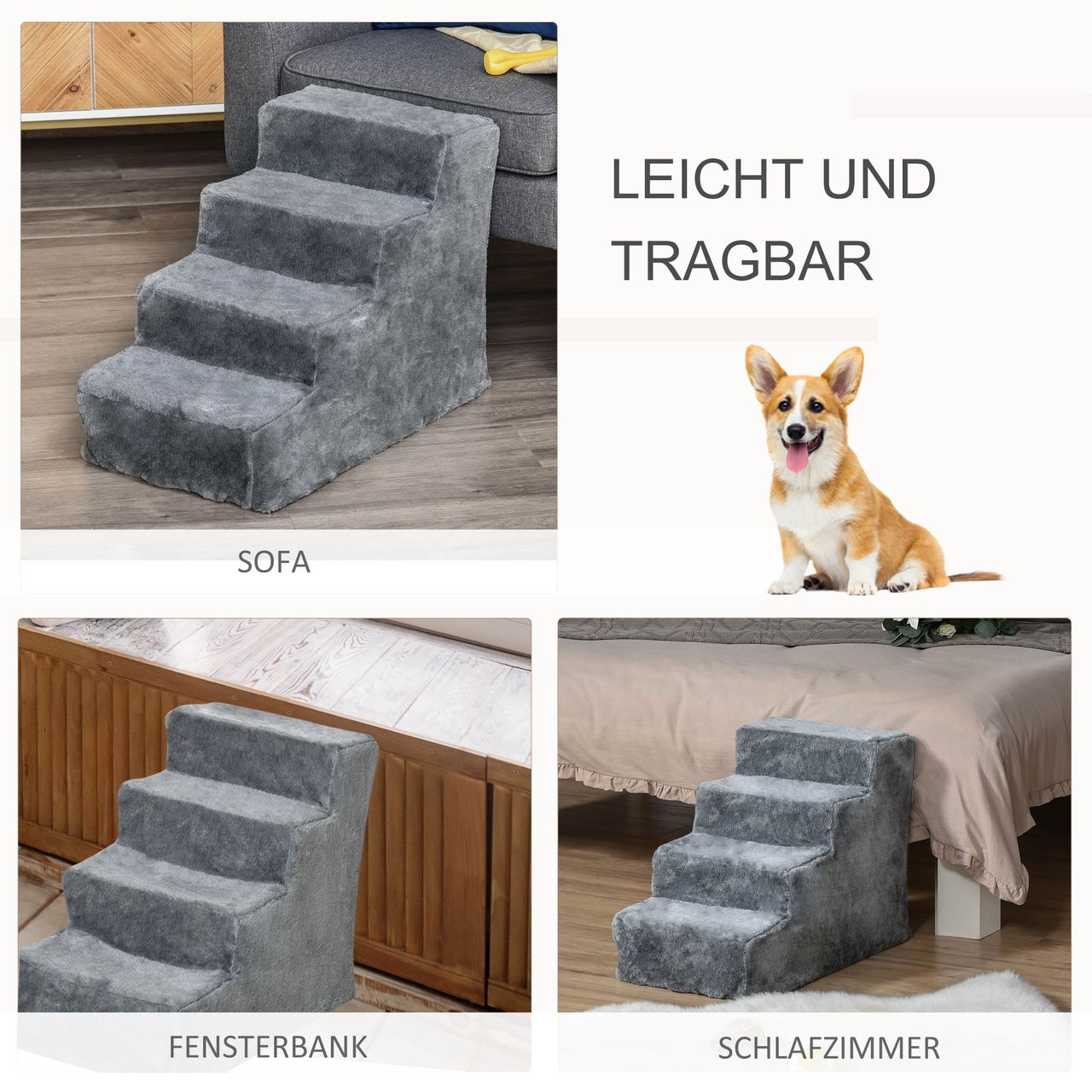 PawHut Haustiertreppe 4-stufige Hunderampe mit abnehmbarer Bezug Katzentreppe Hundetreppe Tiertreppe Spanplatte Plüsch Grau 60 x 35 x 44 cm