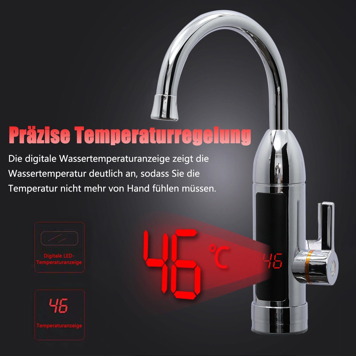 Kpaloft Durchlauferhitzer Elektrisch Warmwasserhahn, LED Temperaturanzeige einstellbar 360° schwenkbar