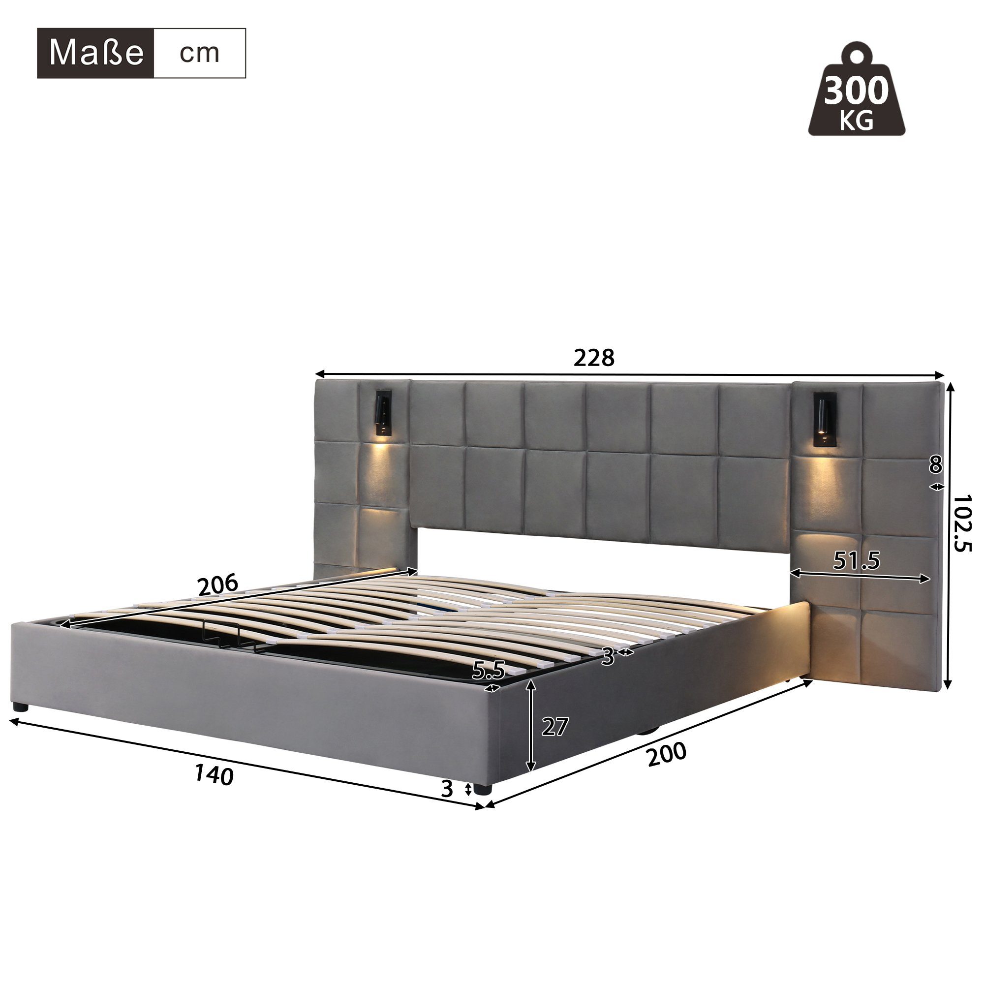 OKWISH Polsterbett Hydraulisch Stauraumbett mit richtungsabhängige (Breites und Schaumstoffgefülltes Kopfteil,Schachbrettmuster, aus Stahlrahmen und Verbundplatten,Samt), 140*200cm,grau