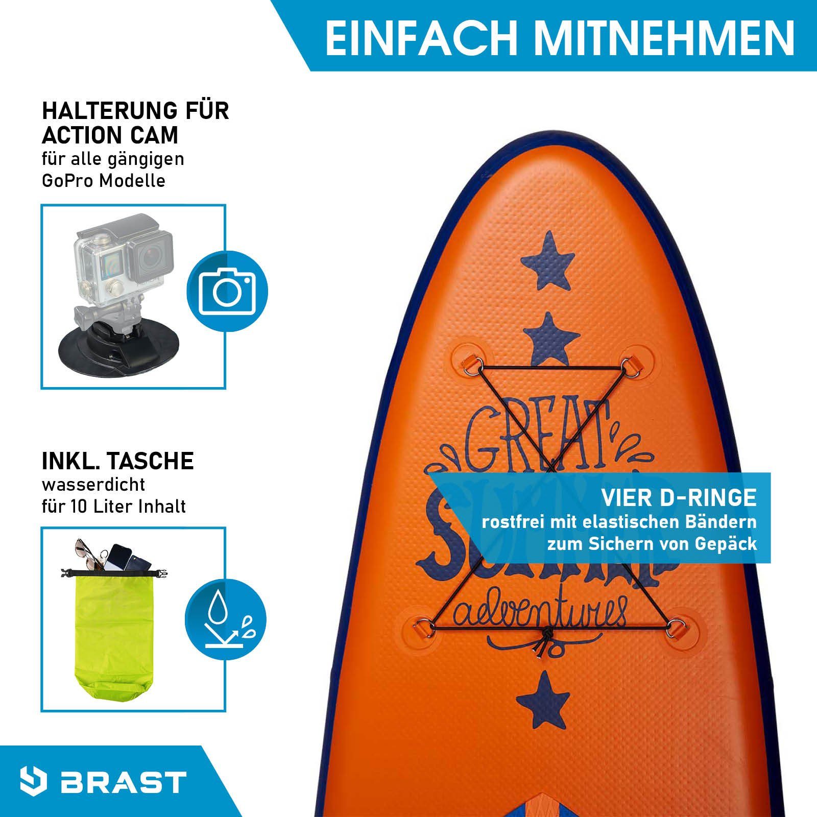 BRAST SUP-Board Summer Aufblasbares Stand up Paddle Set - 320x81x15cm, 5 Jahre Garantie inkl. Sonderzubehör, (2in1 Paddel Kajak-Sitz Action-Cam-Halterung), Fußschlaufe Paddel Pumpe Rucksack