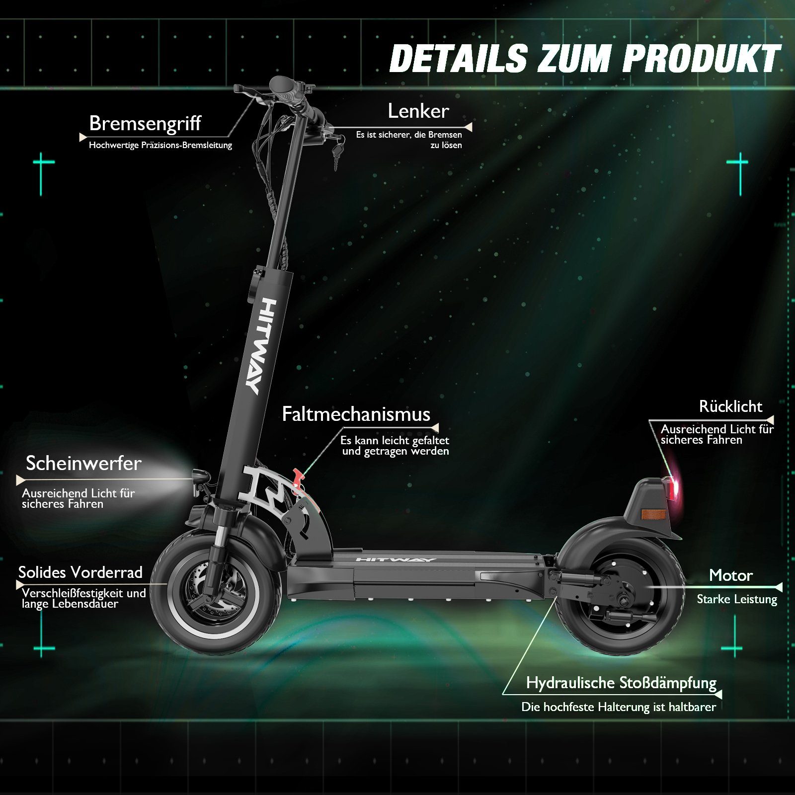 HITWAY E-Scooter, E-roller mit Straßenzulassung Doppelter Stoßdämpfer 19km/h