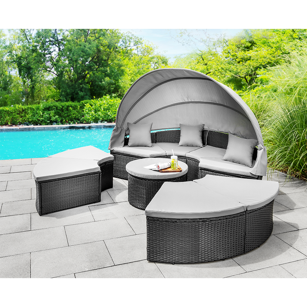 HC Garten & Freizeit Outdoor Sonneninsel 18 tlg., runde Liege mit Sonnenschutz, inkl. Auflagen, modern, Polyrattan