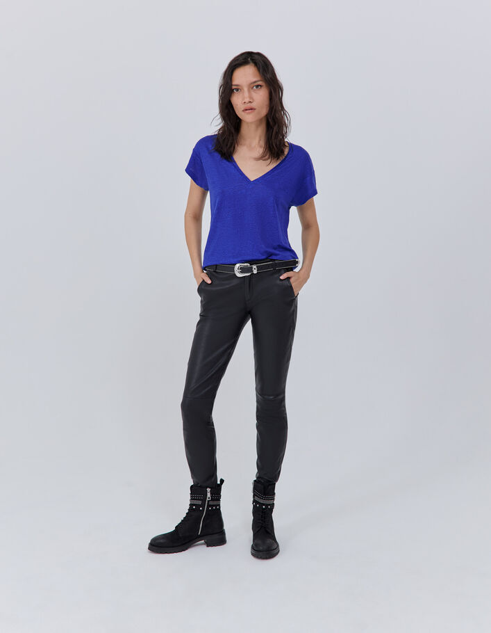 Tee-shirt bleu en maille de lin foil Femme
