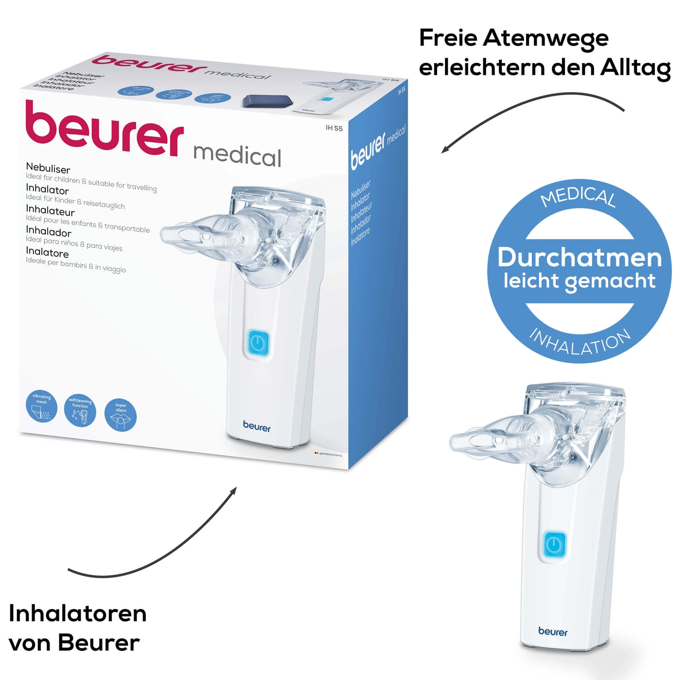 Beurer Inhalator IH 55-Handlicher Inhalator mit Schwingmembran-Technologie & Selbstreinigungsfunktion
