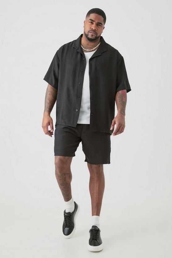 Plus Oversize Leinen-Hemd & Shorts in Schwarz