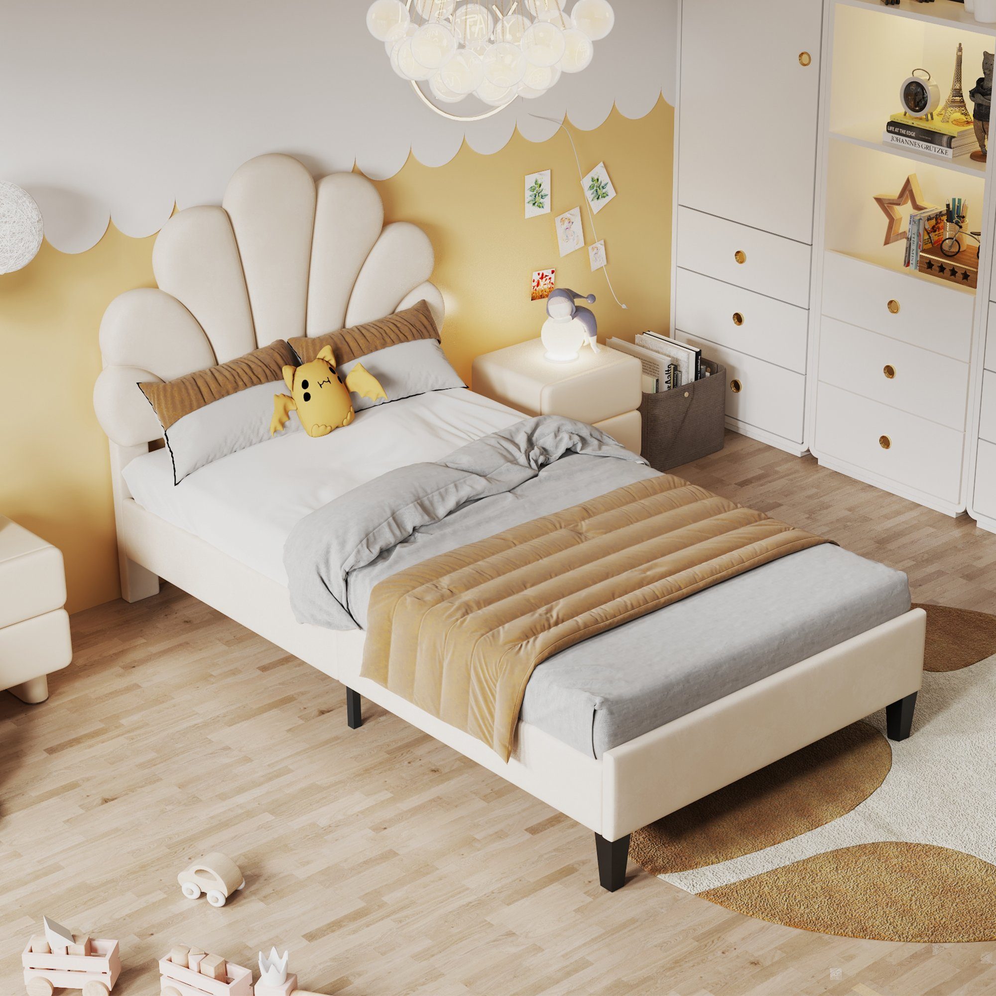 Flieks Polsterbett, Einzelbett Kinderbett Blumenform-Kopfteil Samt 90x200cm