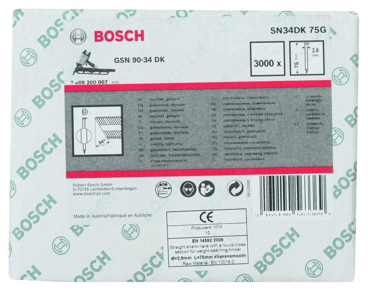 Bosch Blue Accessories 2608200007 SN34 DK 75G Strip Nail 34° D-Head Galvanized Smooth 75 mm 3000 pieces